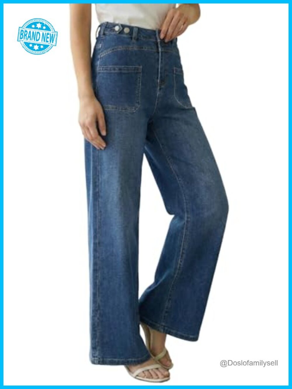 High Rise Wide Leg Jeans Adjustable Waist Double Button Wide Leg
